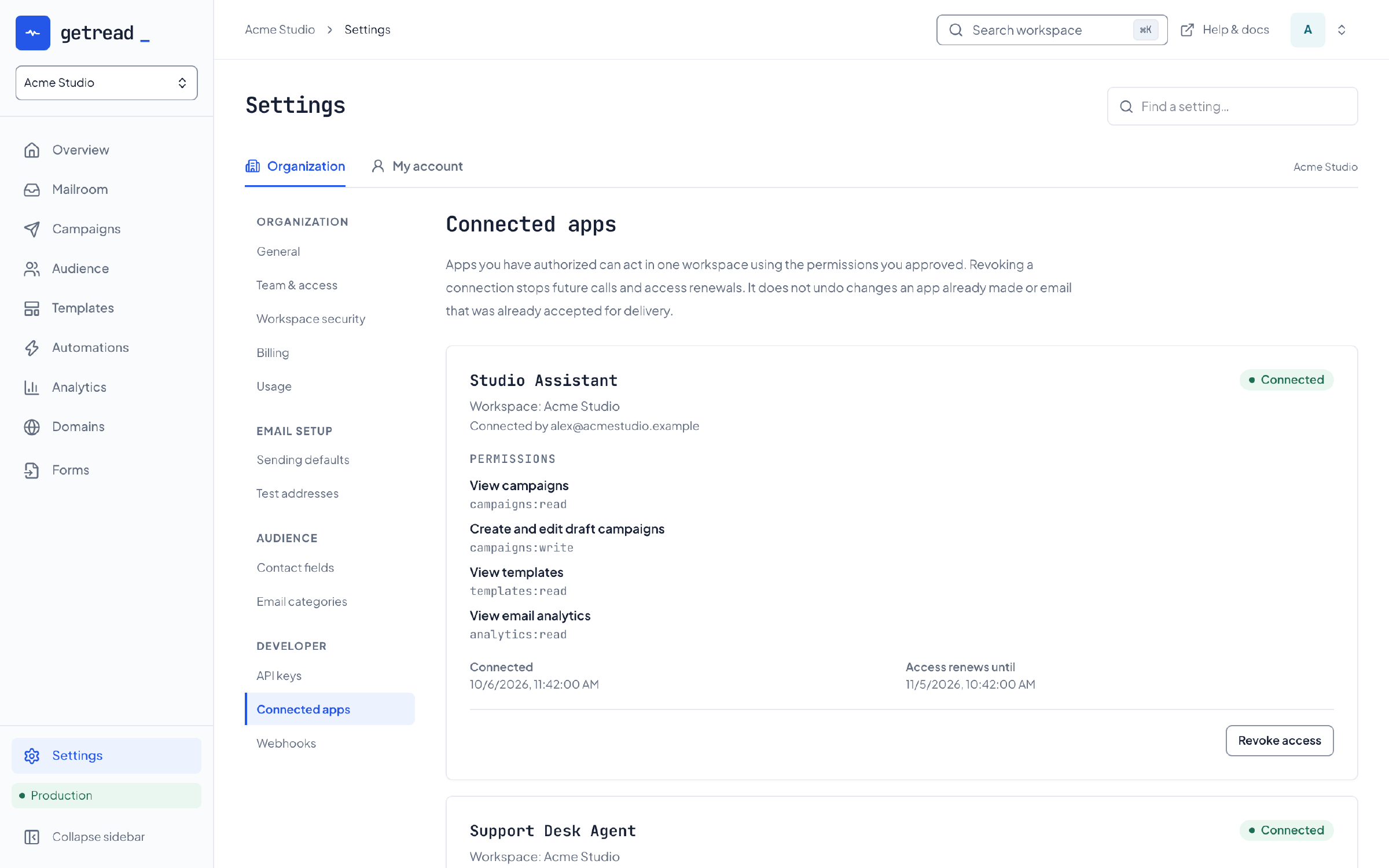 The Connected apps settings page shows Studio Assistant connected to the Acme Studio workspace, with its granted permissions, when it connected, and a Revoke access button.