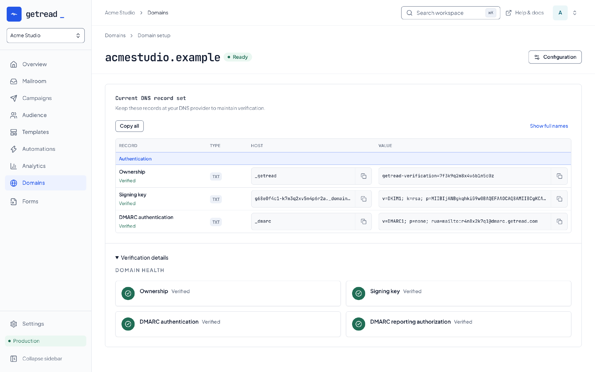 The domain page for acmestudio.example is marked Ready and lists the ownership, DKIM signing key and DMARC TXT records as verified, with a health panel showing every check verified.