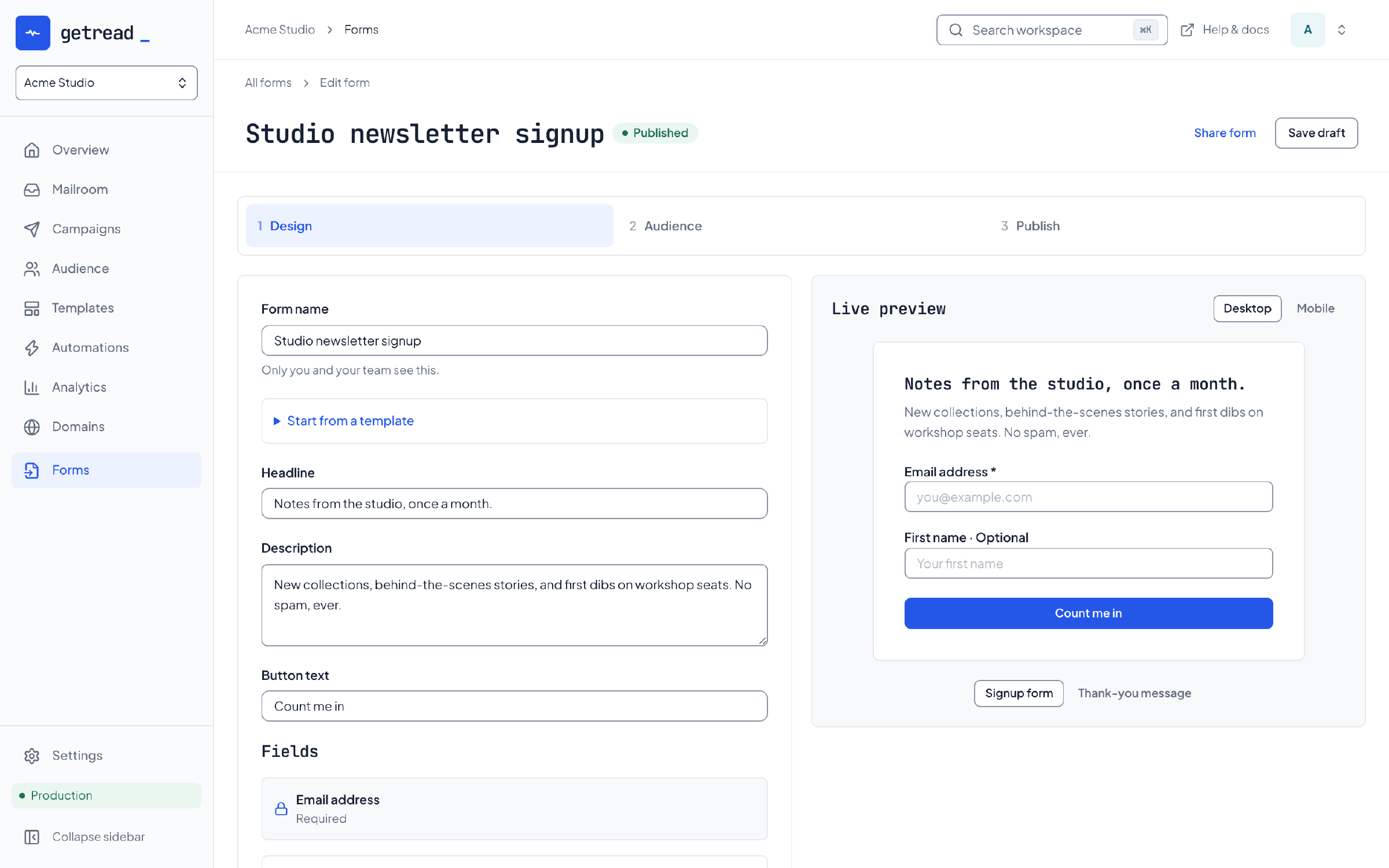 The signup form builder shows fields for the form’s headline, description and button text next to a live desktop preview of the newsletter signup form.