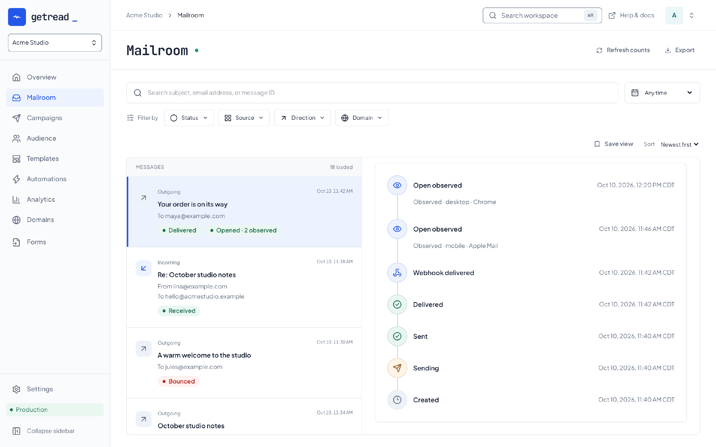 The event history for an order email shows a timeline from created, sending, sent and delivered to webhook delivered, followed by observed opens in Apple Mail on mobile and Chrome on desktop.