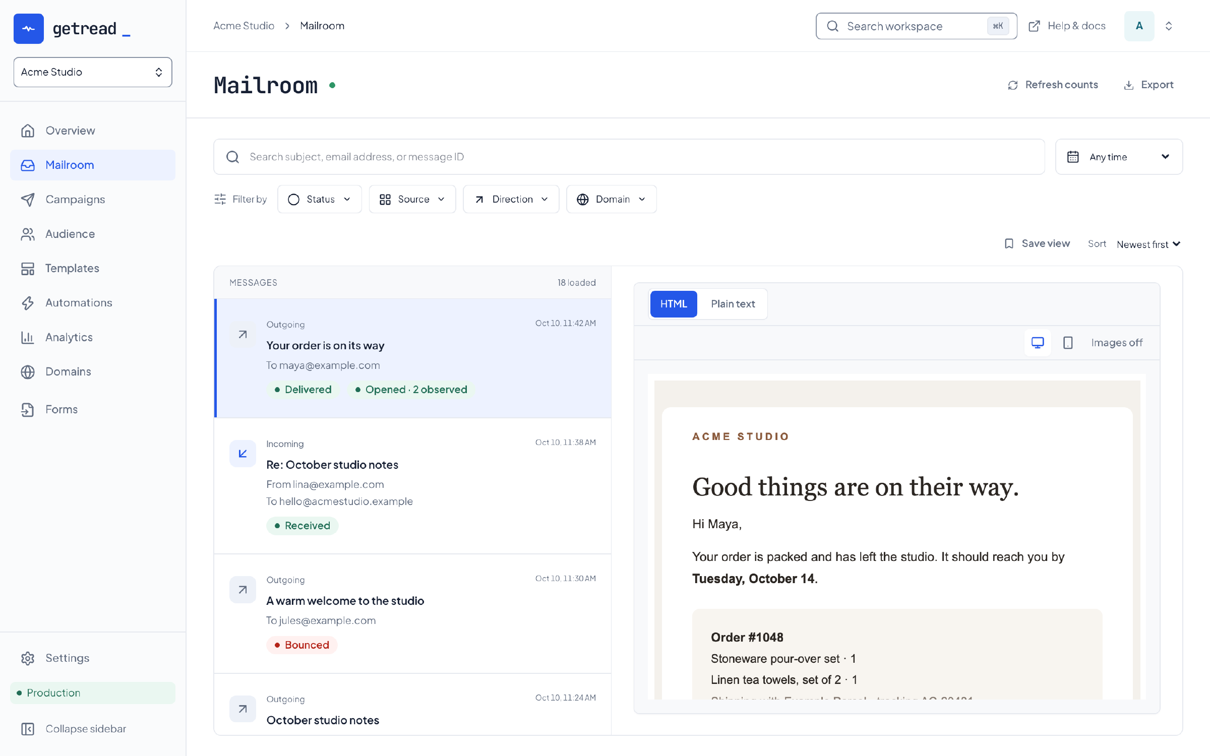 Mailroom lists outgoing and incoming emails with delivered, opened, received and bounced statuses, and the reading pane shows the selected order-shipped email.
