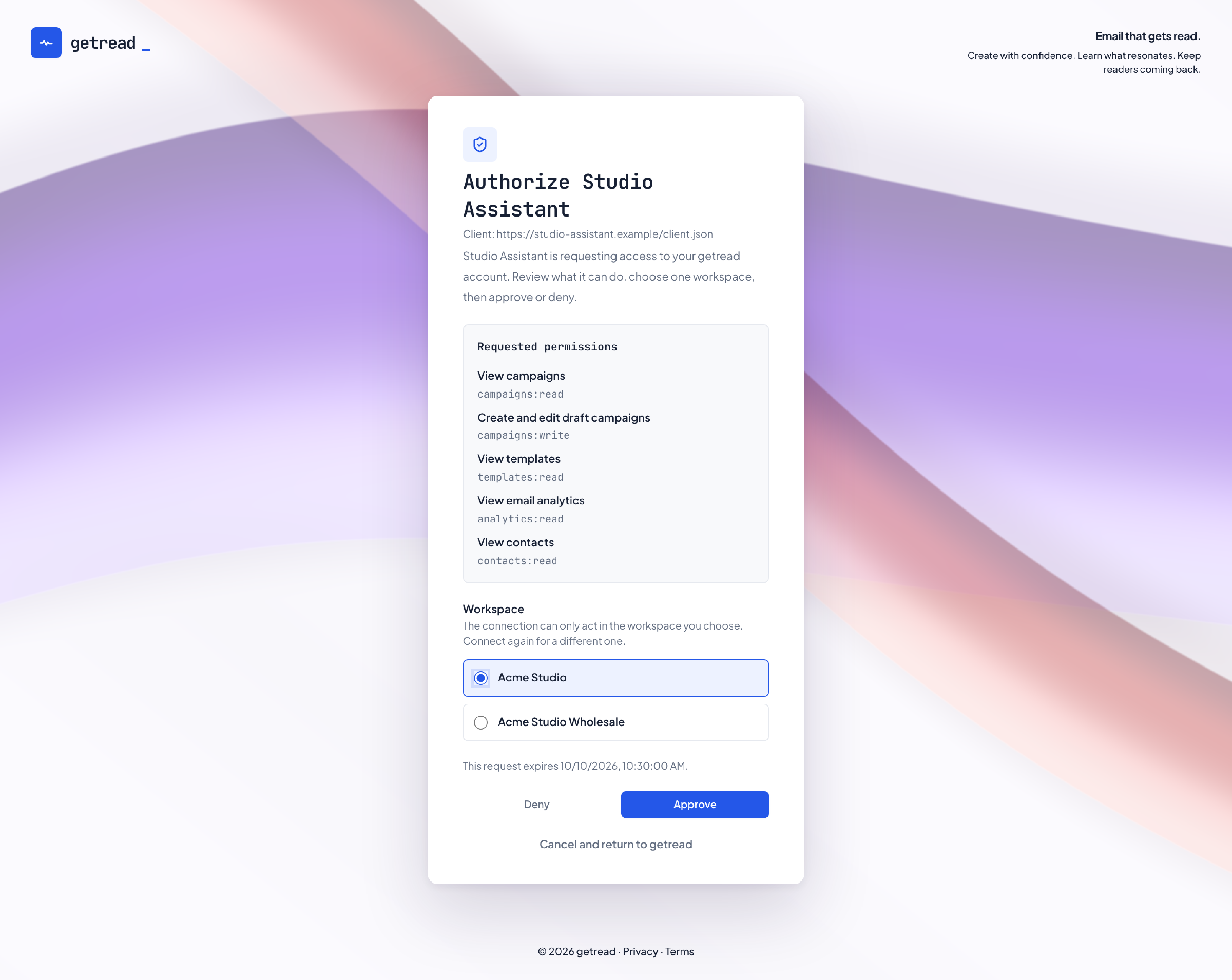 The consent screen asks you to authorize Studio Assistant, lists the permissions it requests, lets you pick one workspace and offers Deny and Approve buttons.