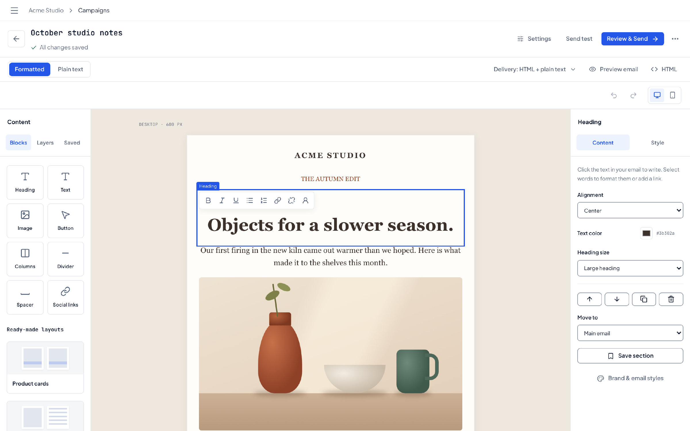 The campaign editor shows an Acme Studio newsletter with its heading selected, a formatting toolbar, content blocks on the left and heading settings on the right.